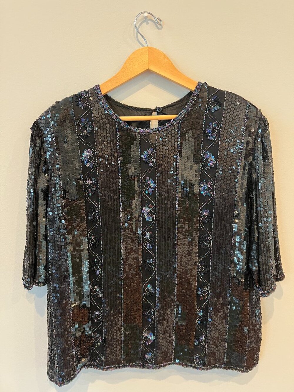Vintage Carolyne Barton Night Beaded Silk Top – Iridescent Sequin & Beadwork – X